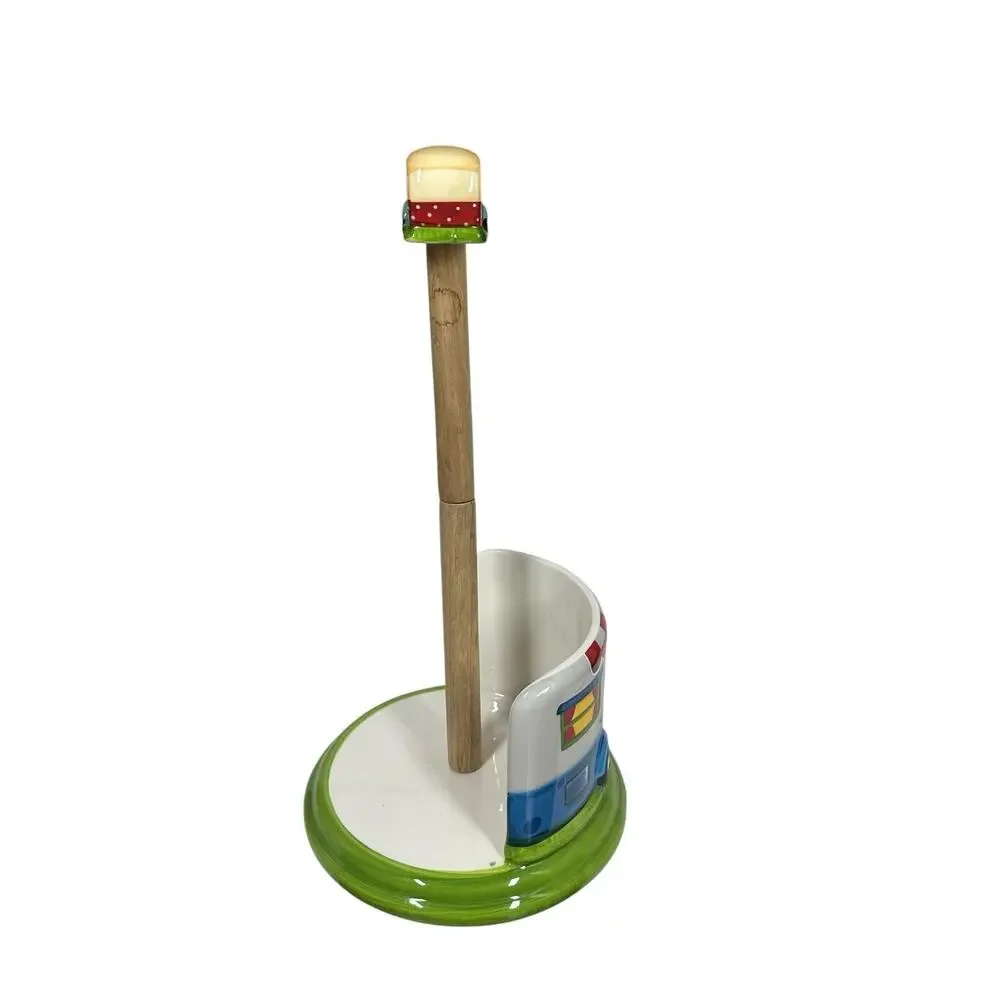 LTD COMMODITIES RV Paper Towel Holder Camping Happy Camper Ceramic Wood Retro